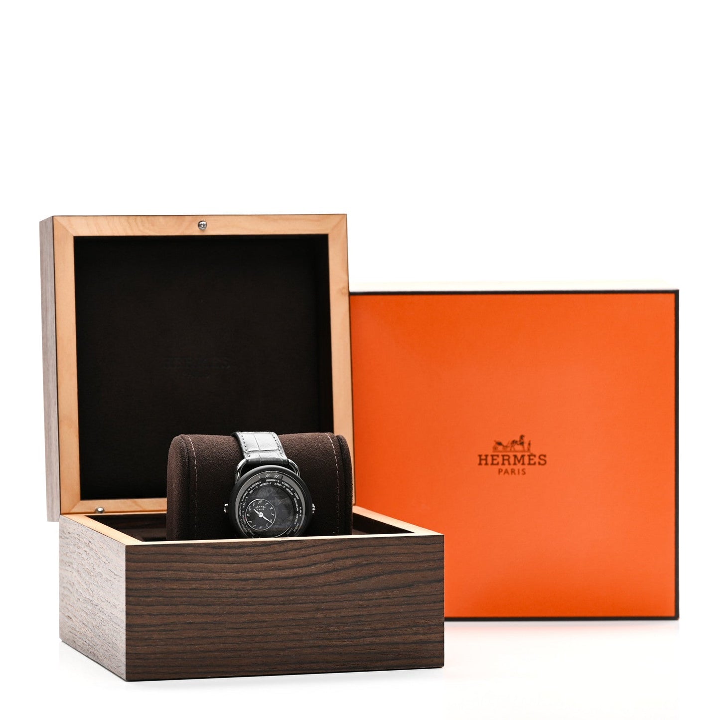 Platinum Titanium Alligator 43mm Arceau Le Temps Voyageur Automatic Watch Noir