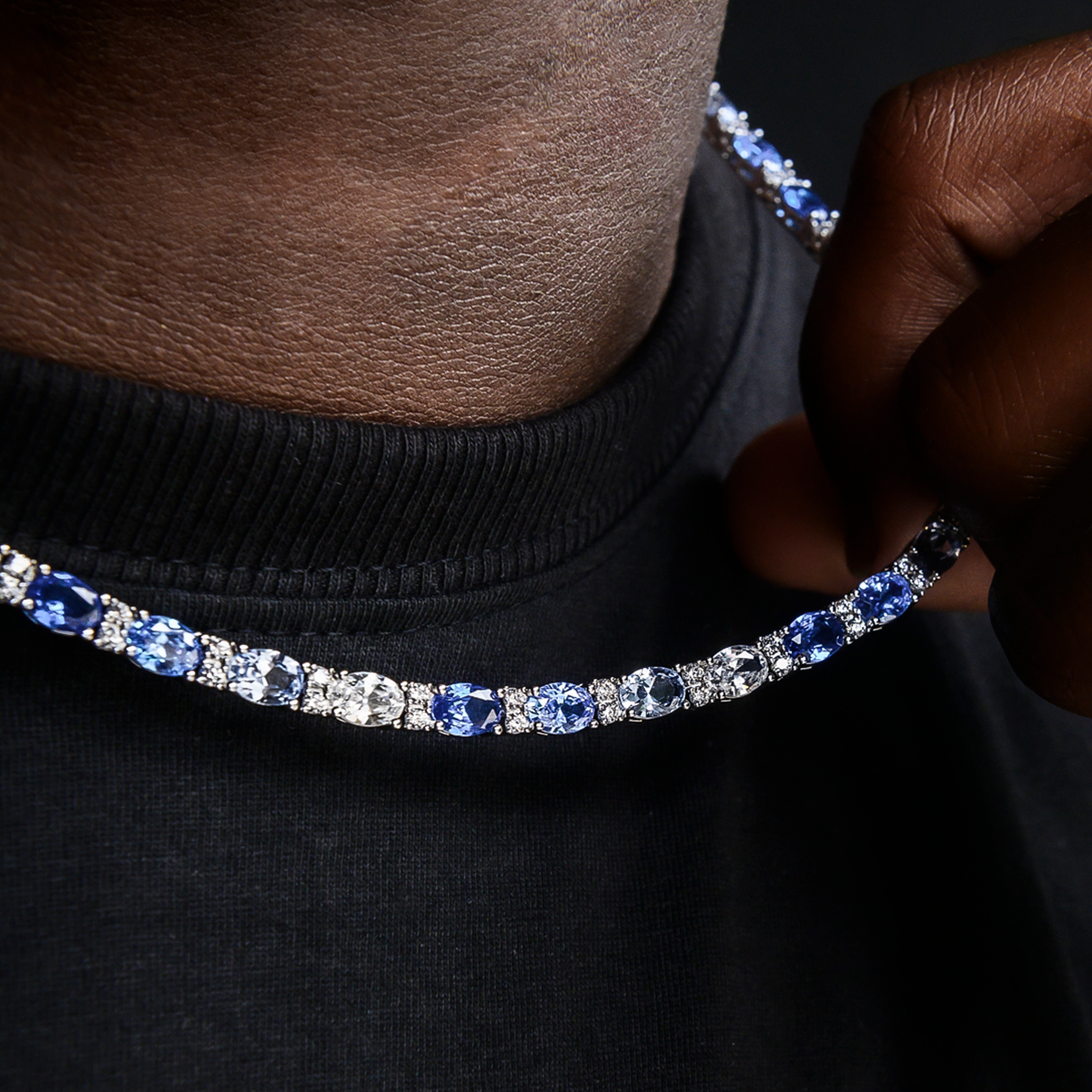 Blue Mixed Oval Cut Tennis Chain in White Gold - 5mm