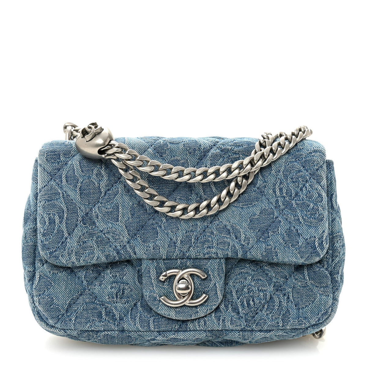 Denim Quilted Camellia Sweetheart Mini Rectangular Flap Blue