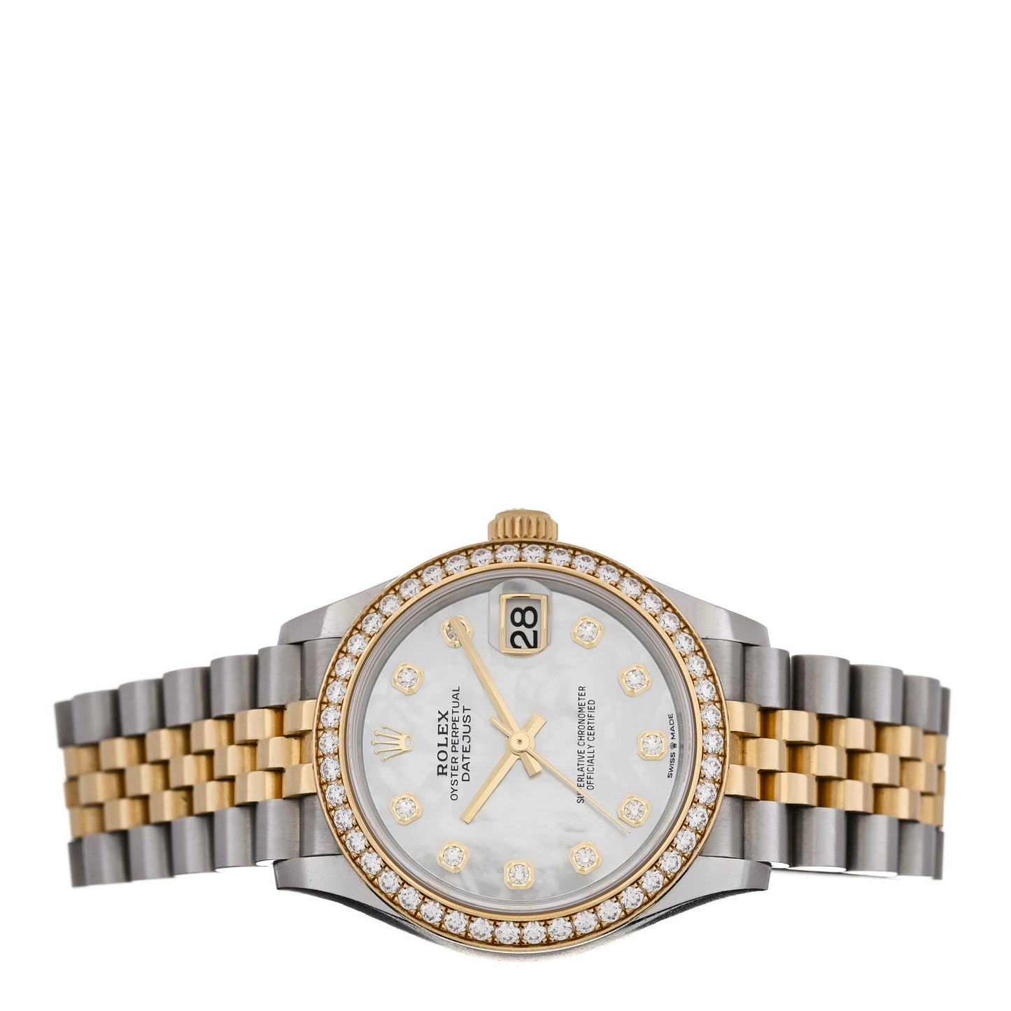 Stainless Steel 18K Yellow Gold Diamond Bezel Mother of Pearl 31mm Oyster Perpetual Datejust Watch 278383RBR