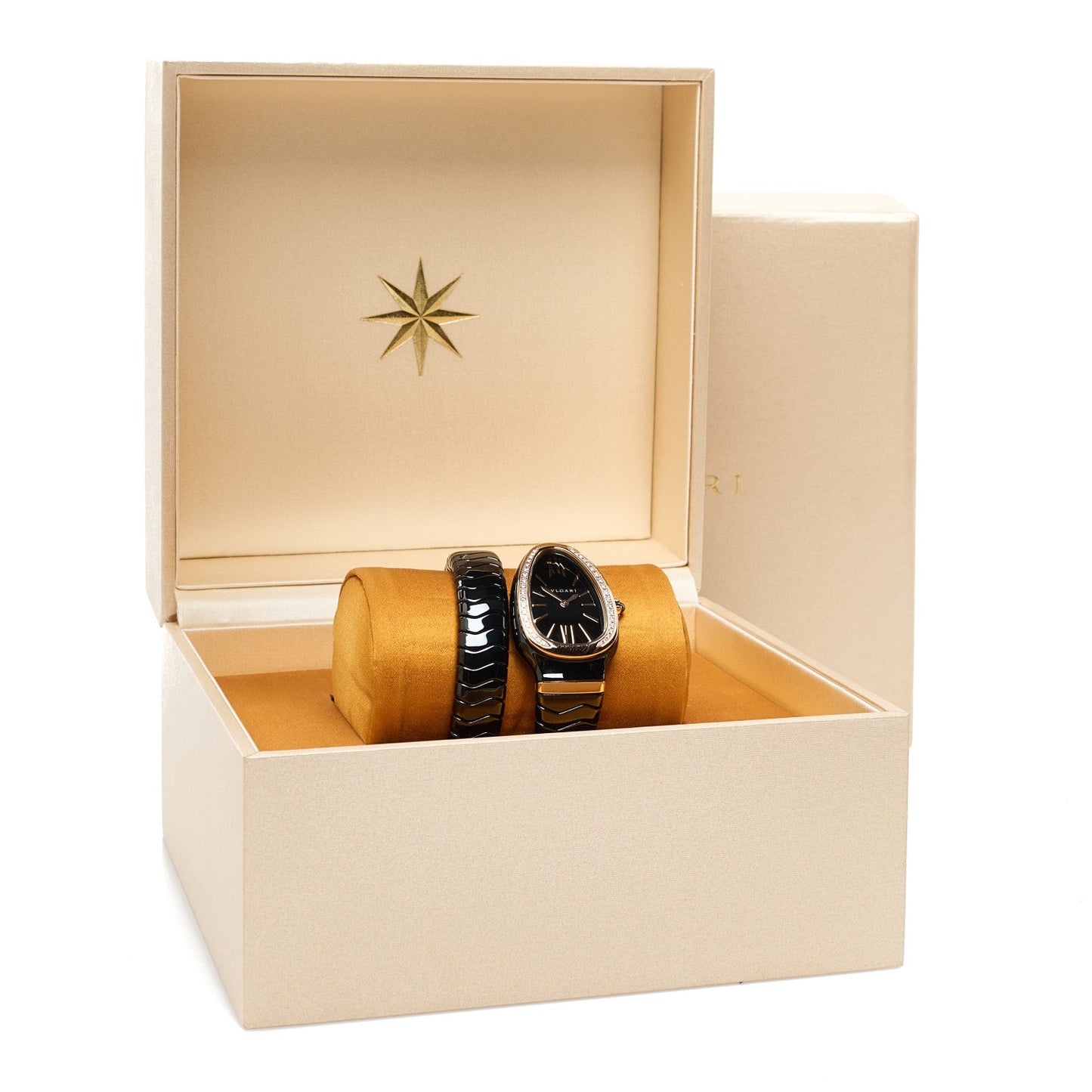 18K Rose Gold Ceramic Diamond Bezel 35mm Serpenti Tubogas Quartz Watch Black