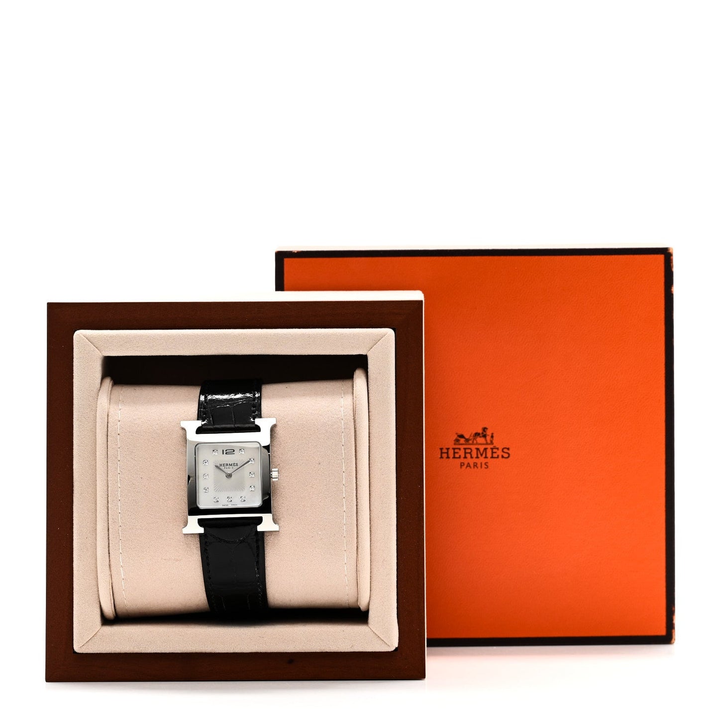 Stainless Steel Alligator Diamond Mother of Pearl 26mm Heure H Hour Quartz Watch Noir