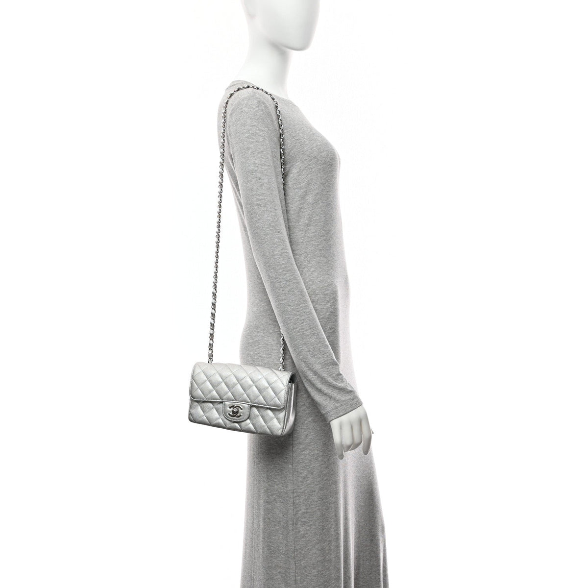 Metallic Lambskin Quilted Mini Rectangular Flap Silver