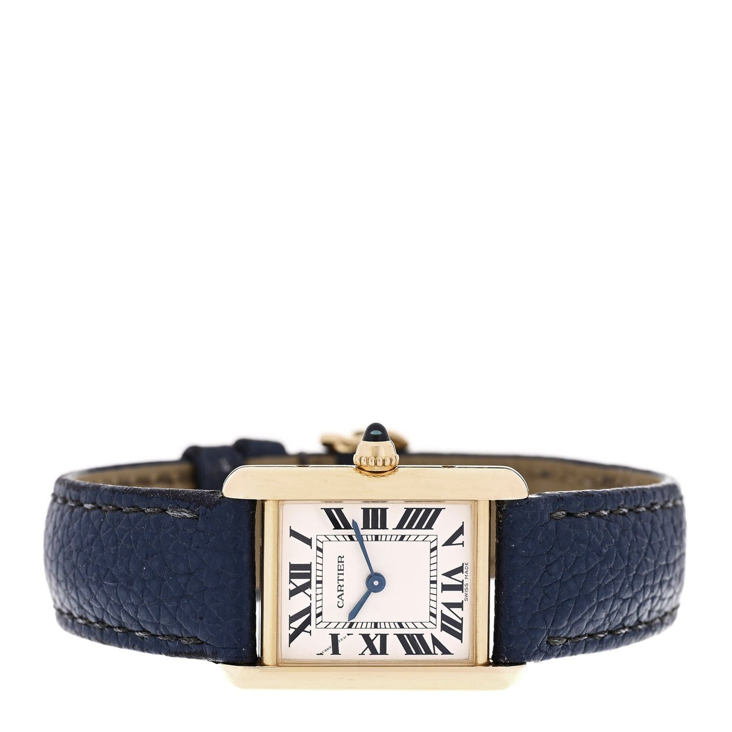 18K Yellow Gold Calfskin 22mm Tank Louis Quartz Watch Blue