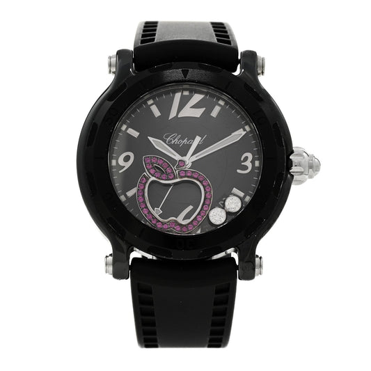 Stainless Steel Rubber Diamond Pink Sapphire 38mm Happy Sport Apple Quartz Watch Black