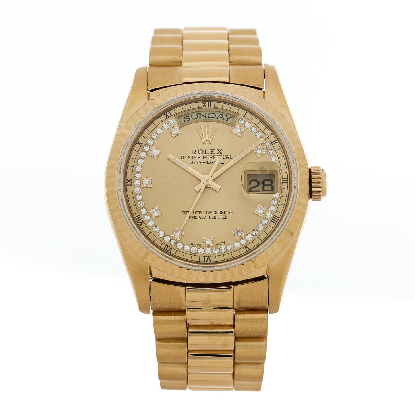 18K Yellow Gold Diamond 36mm Oyster Perpetual Day-Date President Watch Champagne 18238