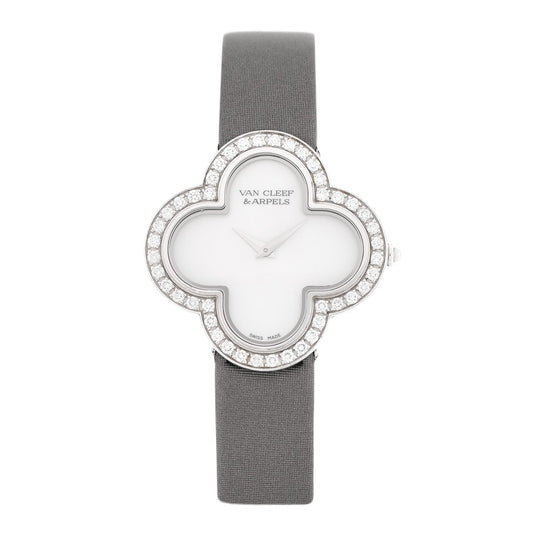 18K White Gold Satin Diamond Bezel Mother of Pearl 30mm Alhambra Quartz Watch