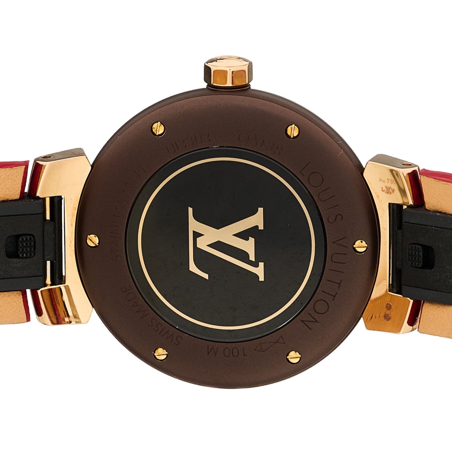 Stainless Steel 18K Rose Gold Monogram 34mm Tambour Quartz Watch Brown
