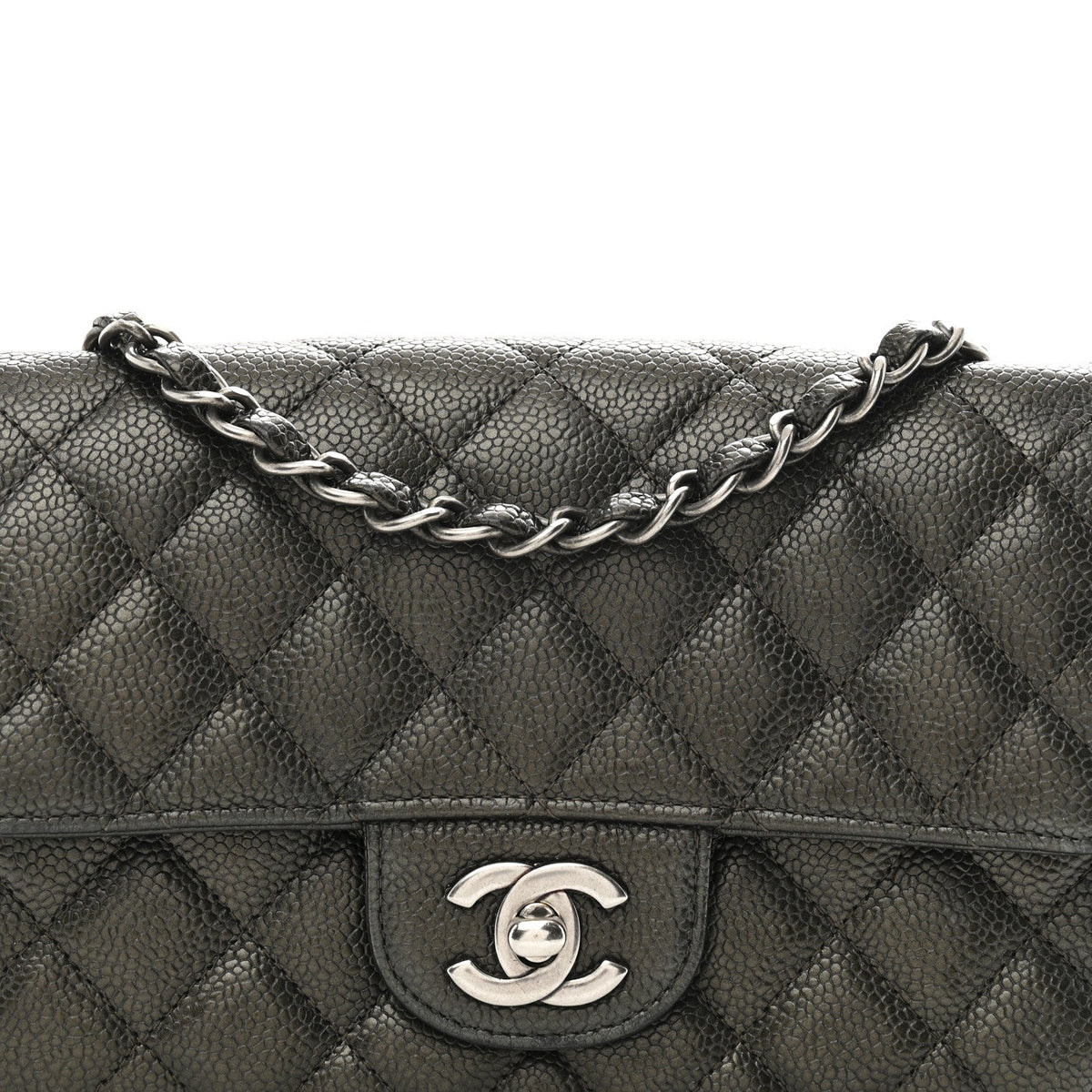 Metallic Caviar Quilted Mini Rectangular Flap Dark Grey