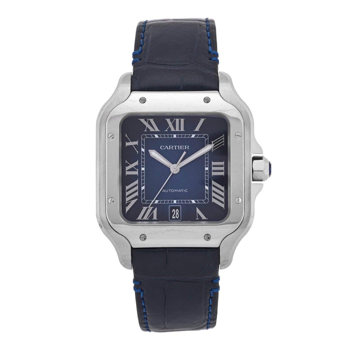 Stainless Steel Alligator 39.8mm Santos De Cartier Automatic Watch Blue