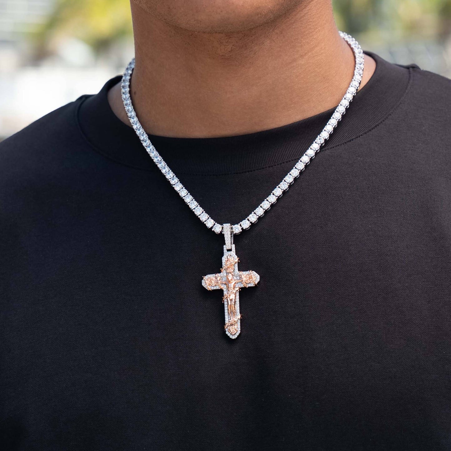 Large Diamond Rose Thorn Crucifix Pendant in White Gold